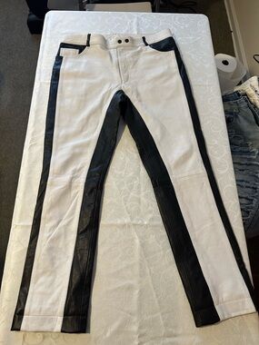 White Pants with Black Leather Stripe Detail